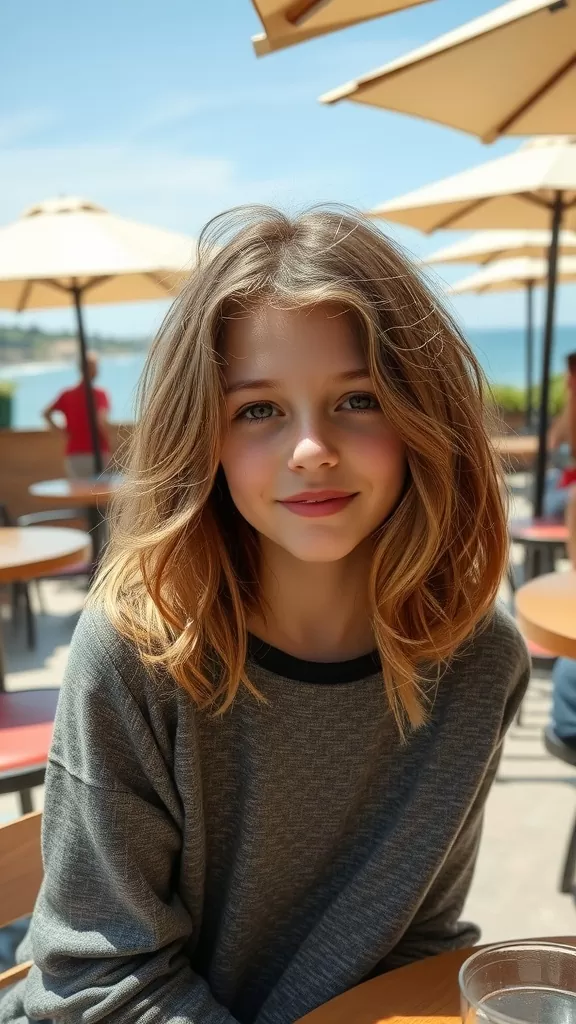A girl with a tousled lob hairstyle featuring natural waves, sitting at an outdoor cafe with umbrellas and a scenic background.