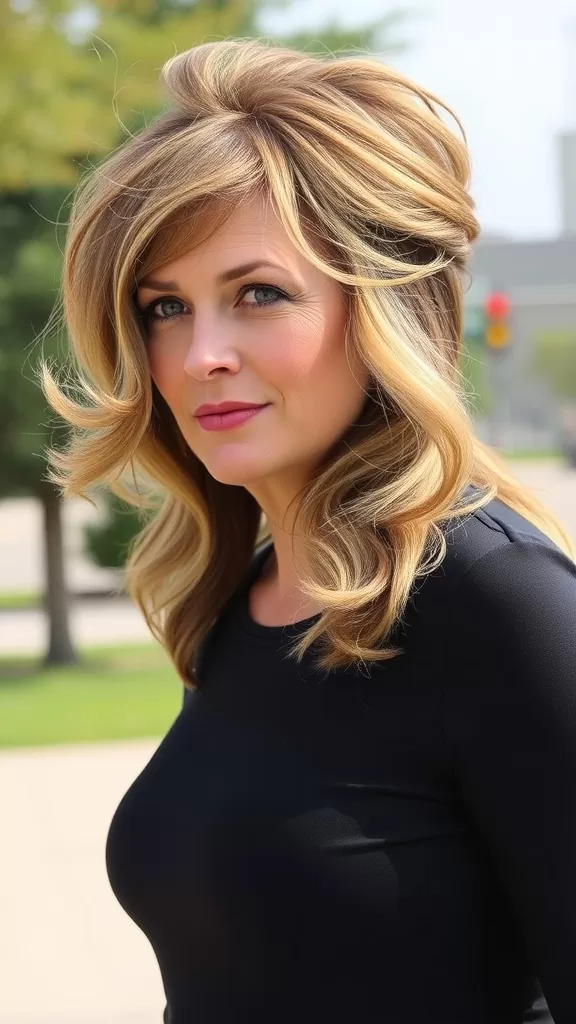 A woman with a tousled long pixie cut, looking confident and stylish