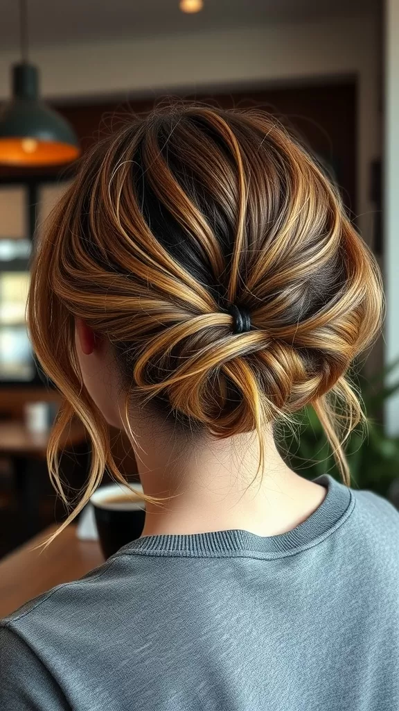 A casual tousled low bun hairstyle for medium hair, featuring soft waves and loose strands.