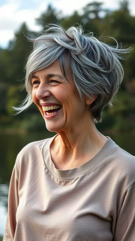 A smiling woman with a tousled pixie haircut and long bangs, enjoying nature.