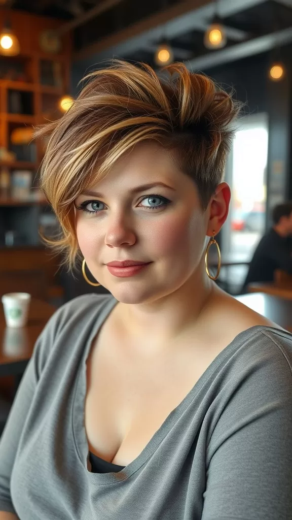 A woman with a tousled pixie haircut and shaved nape, looking thoughtfully out of a window in a cozy setting.