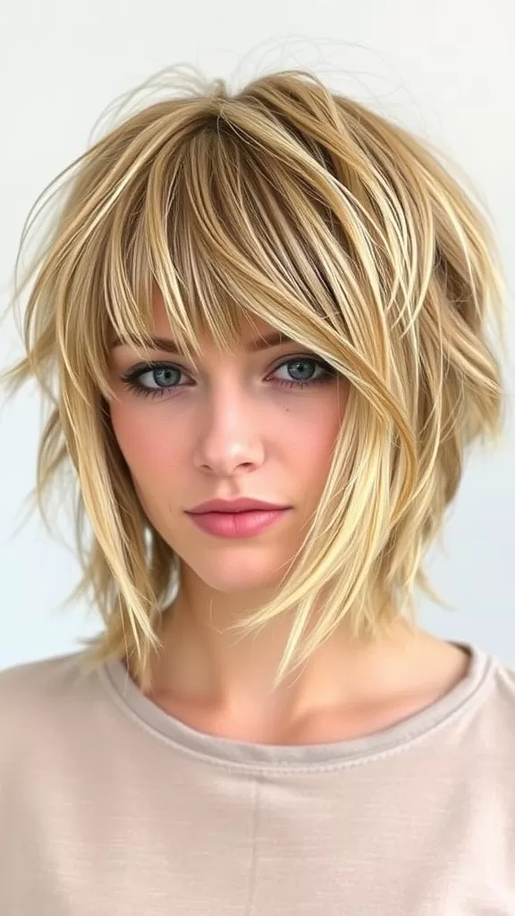 A woman with a tousled shag haircut showcasing soft layers and wispy bangs, ideal for round faces.