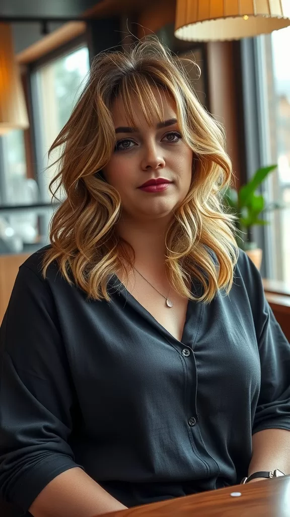 A woman with a tousled shag haircut sitting in a cafe, wearing a dark button-up shirt.