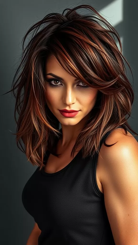 A woman with a tousled shag haircut featuring asymmetrical lengths, showcasing rich warm tones.