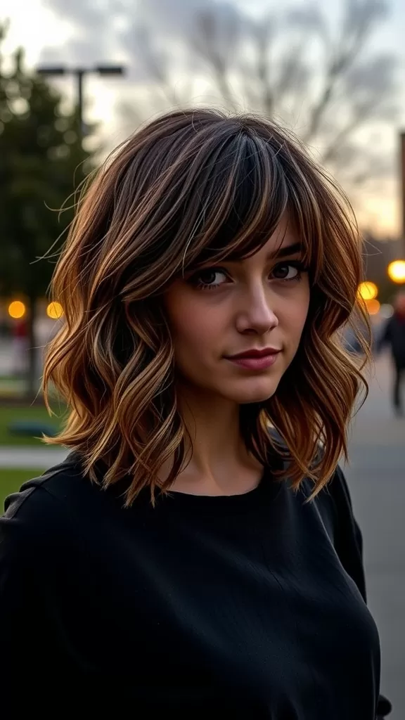 Woman with tousled shag haircut and baby bangs, displaying wavy hair