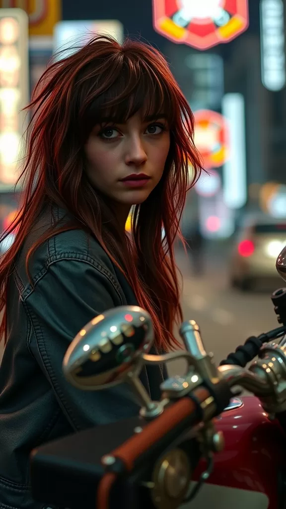 A woman with long shaggy hair and baby bangs, wearing a denim jacket, posing on a motorcycle with city lights in the background.