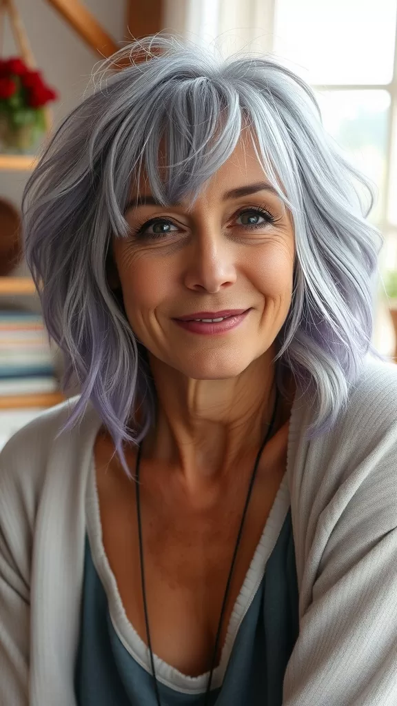 A woman with tousled shag hairstyle featuring peekaboo highlights, smiling warmly.