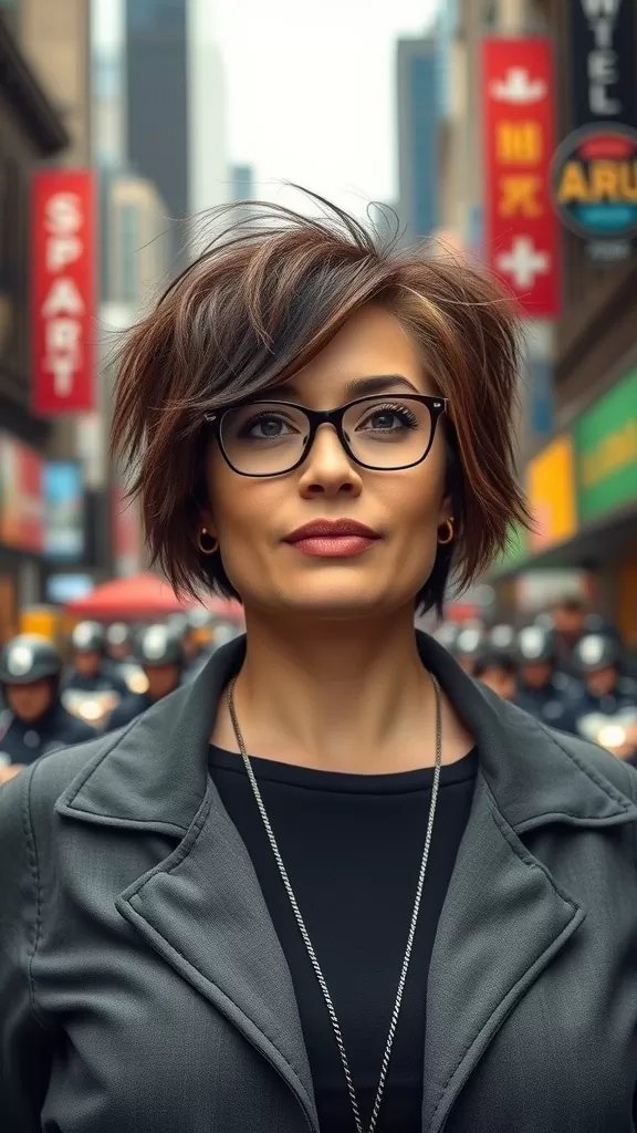 A stylish woman with a tousled short crop haircut, wearing glasses and a blazer, exuding confidence in an urban setting.