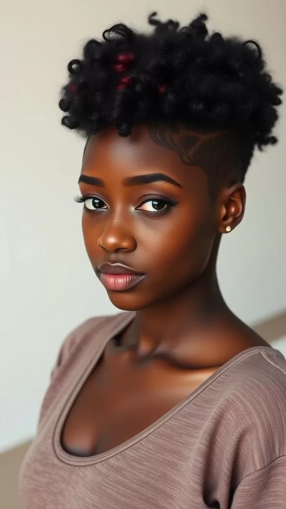 A close-up of a woman with a Teeny Weeny Afro hairstyle, showcasing defined curls and a fade on the sides.