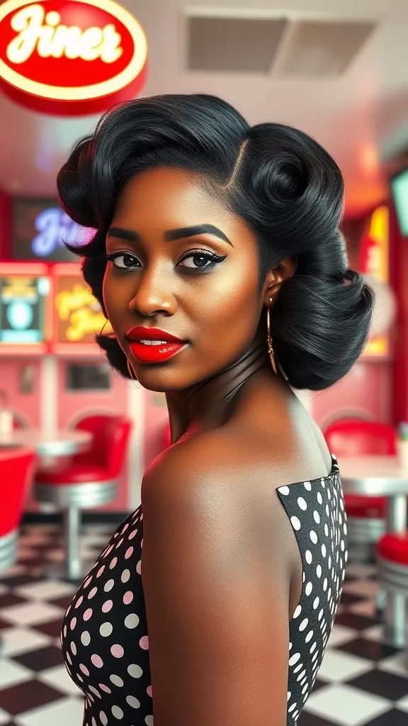 A woman showcasing a twirled pin-up hairstyle, featuring smooth curls and bold makeup, dressed in a polka-dot outfit.