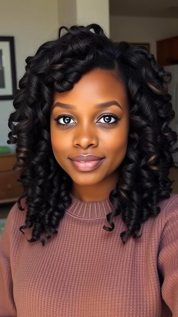 A woman with a twist-out hairstyle, showcasing defined curls and a stylish look.