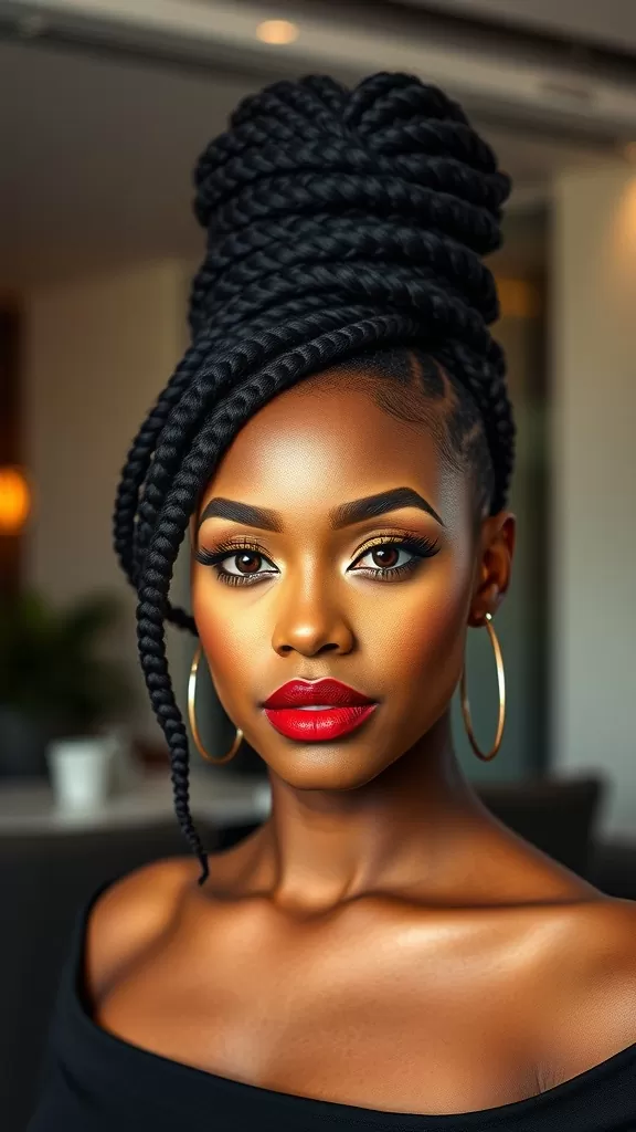 A beautiful woman showcasing a twisted bun hairstyle with bold red lips.