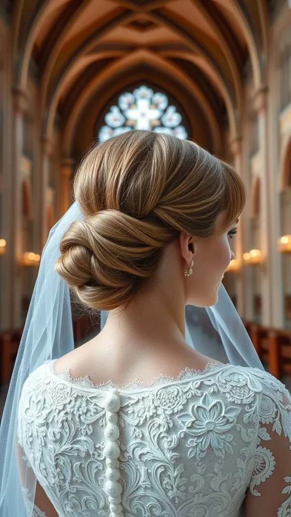 Bridal hairstyle featuring a twisted bun with a bouffant crown, showcasing elegance and sophistication.