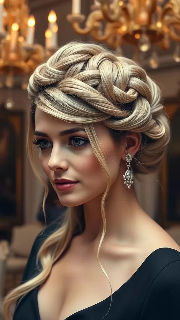 A woman with long hair styled in a Twisted Crown Updo, wearing elegant earrings.