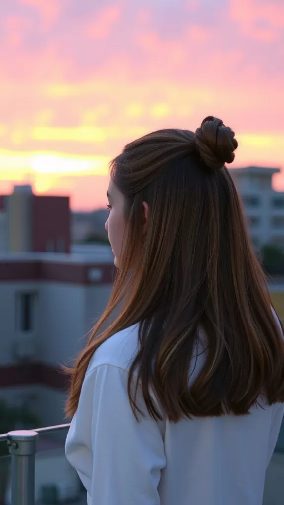 A girl with a twisted half-up bun hairstyle, facing away against a sunset backdrop.
