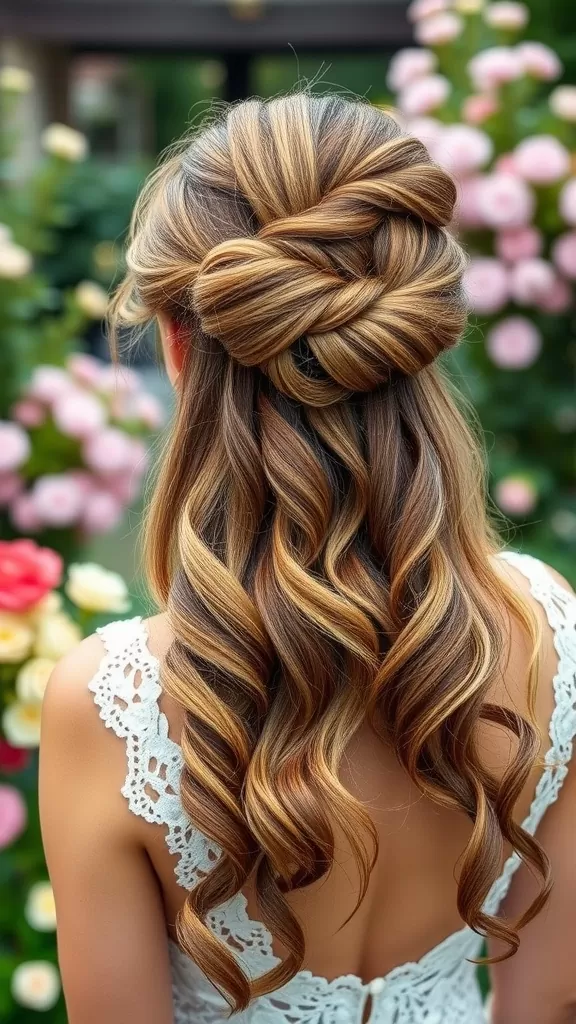 A hairstyle featuring a twisted half-up bun and long flowing waves, set against a background of blooming roses.