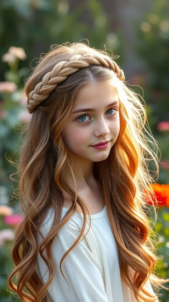 A girl with long wavy hair styled in a Twisted Halo Braid, surrounded by flowers.