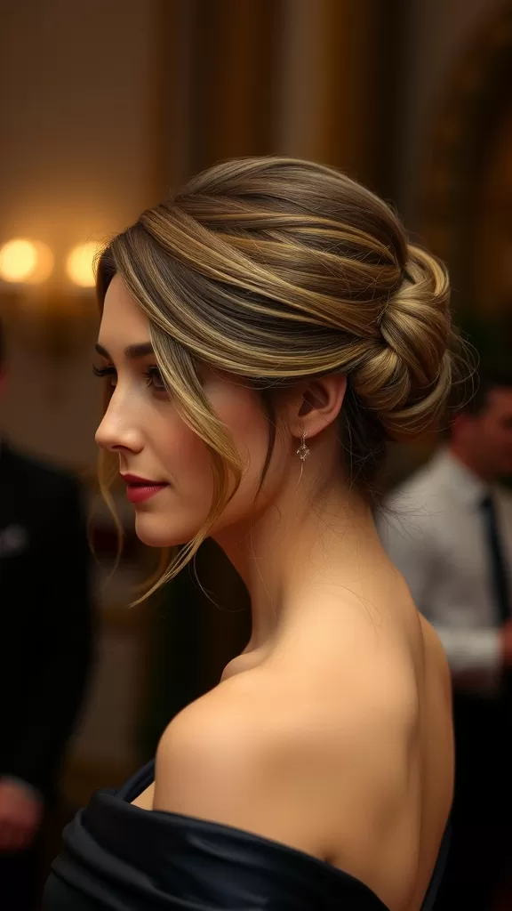 A woman in profile view showcasing a Twisted Halo Bun, with loose strands framing her face and elegant earrings.