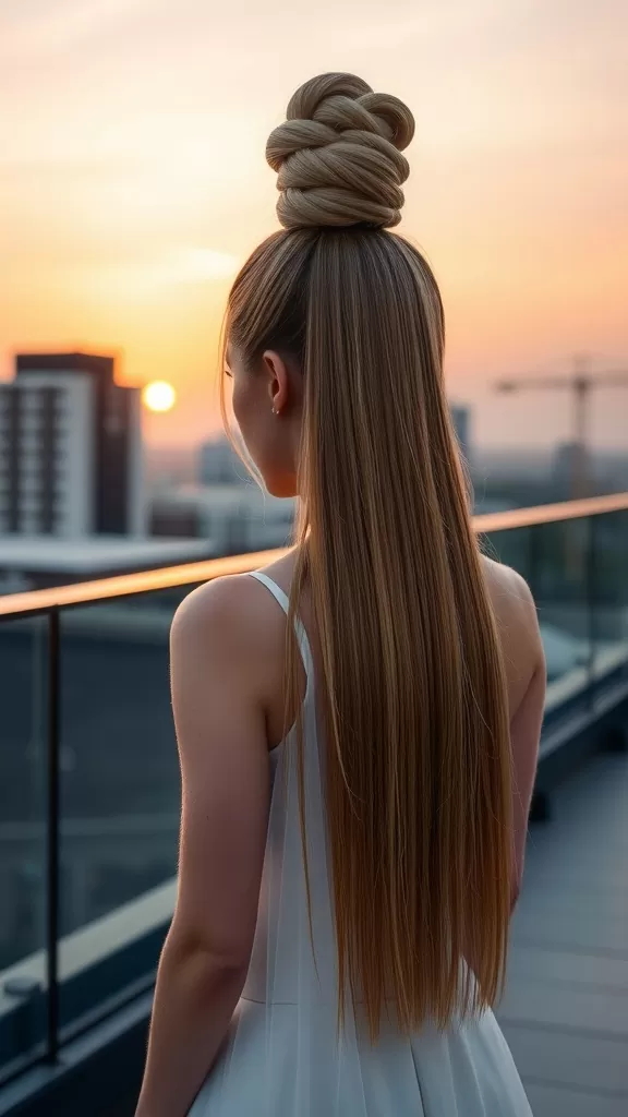 A woman with a twisted high bun hairstyle, showcasing soft volume, standing against a sunset backdrop.