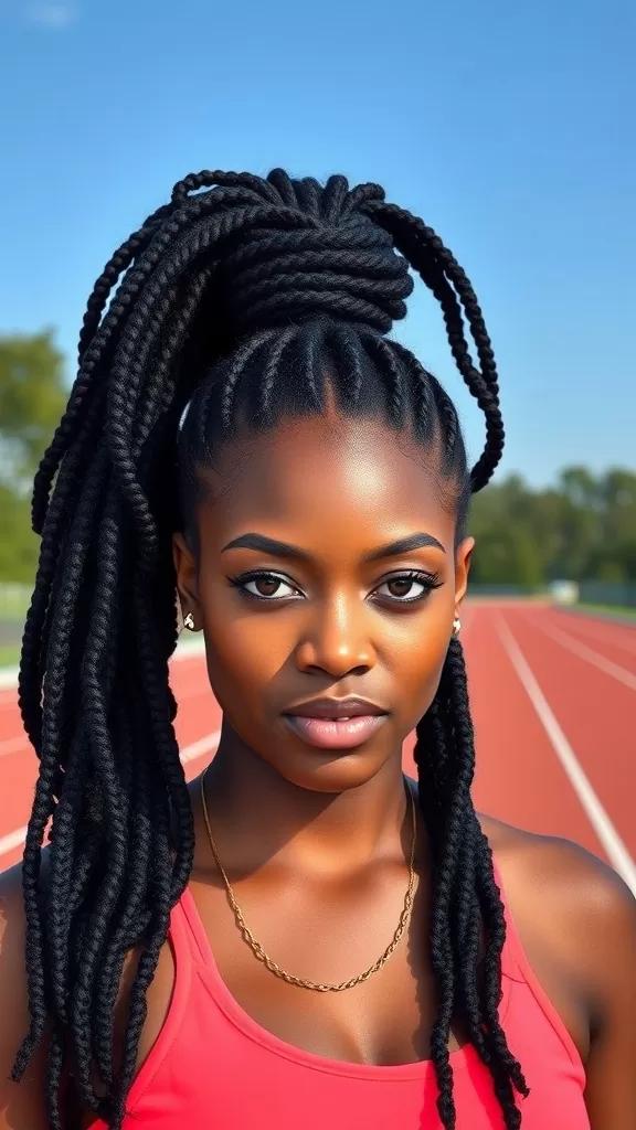 Model showcasing a twisted high ponytail hairstyle with a sporty look