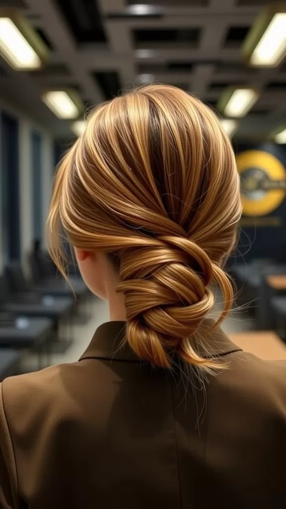 A close-up of a twisted low bun hairstyle on medium-length hair, showcasing a chic and elegant look.