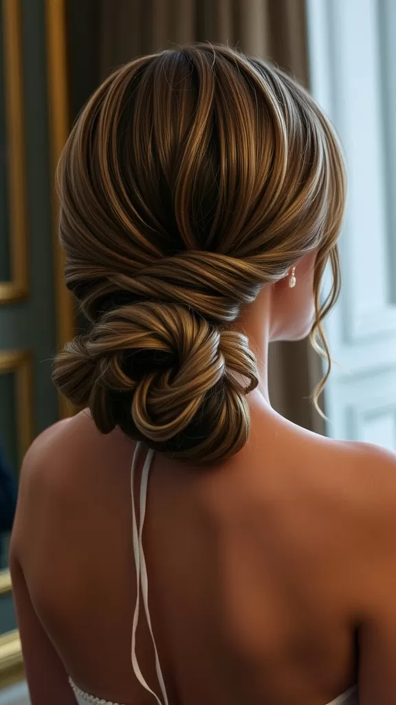 A woman with a twisted low bun hairstyle and a side part, showcasing a sophisticated wedding look.