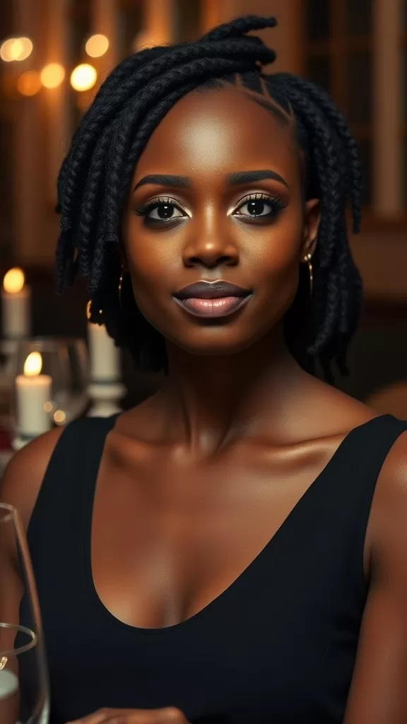 A woman with a twisted low chignon hairstyle, showcasing elegant twists and a sophisticated look.