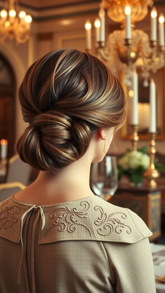 A woman with long hair styled in a twisted low updo, showcasing elegance against a luxurious backdrop.