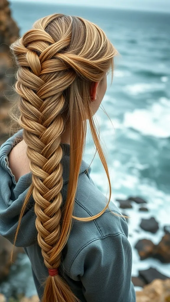 A woman with long, twisted rope braid hairstyle, standing by the ocean