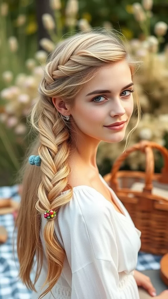 A woman with long hair styled in a twisted side braid, adorned with colorful accessories, set against a natural background.