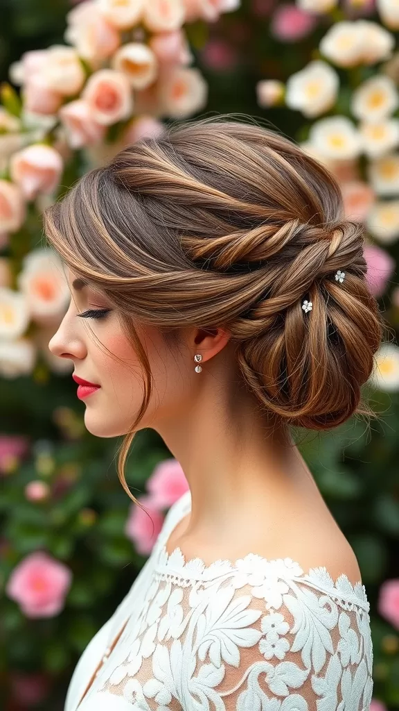 A woman with a twisted side bun adorned with floral pins, surrounded by colorful flowers.