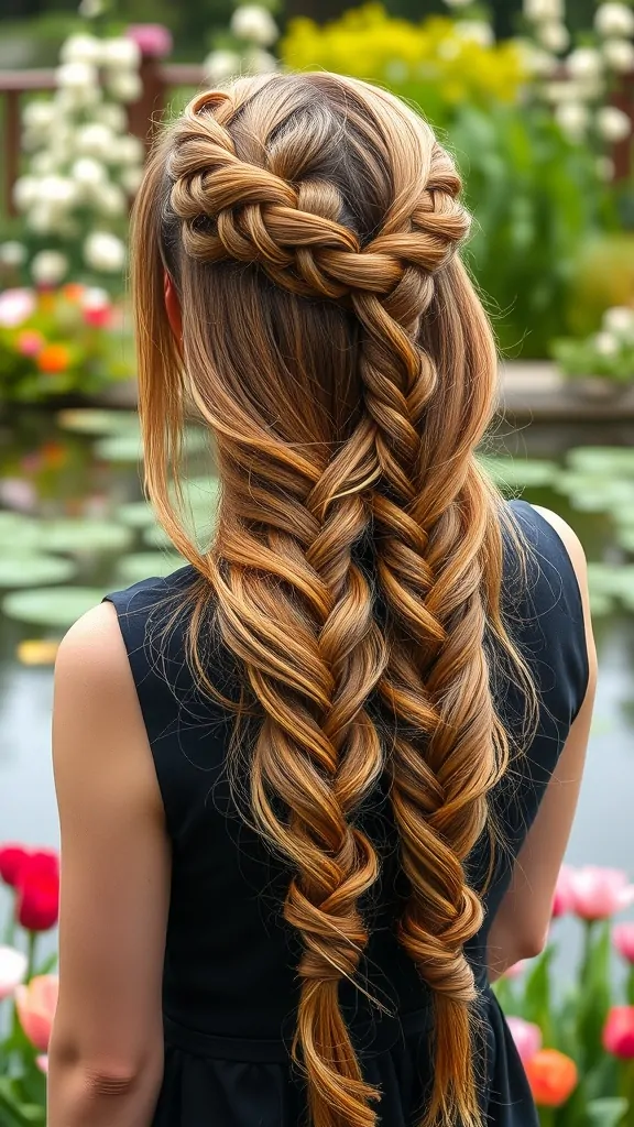 Woman with a twisted waterfall braid hairstyle, showcasing long hair with intricate twists and a beautiful garden backdrop.