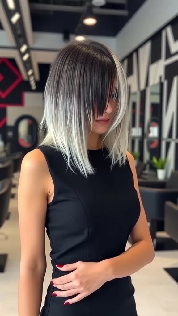 Model with a two-tone shag hairstyle featuring dark roots and lighter tips, showcasing a modern and trendy look.
