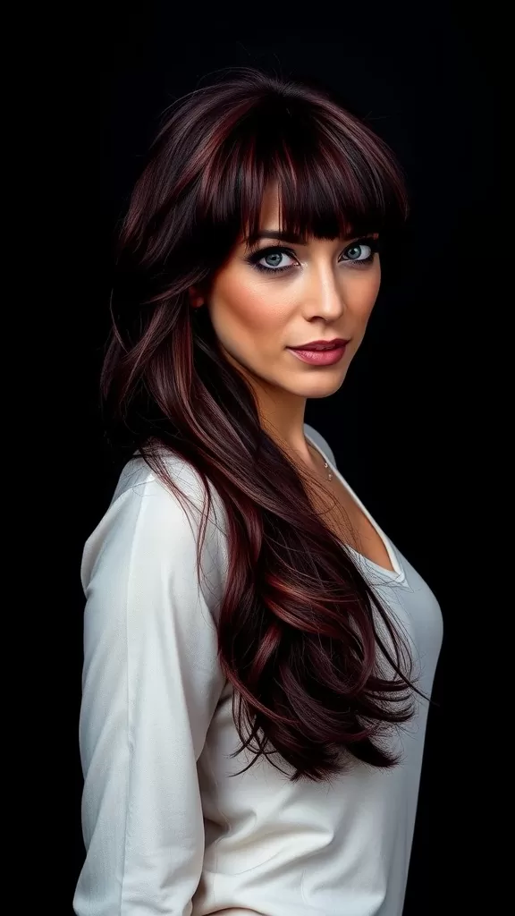 A woman with long shaggy hair featuring bangs and dark red highlights, showcasing an ultra-textured hairstyle.