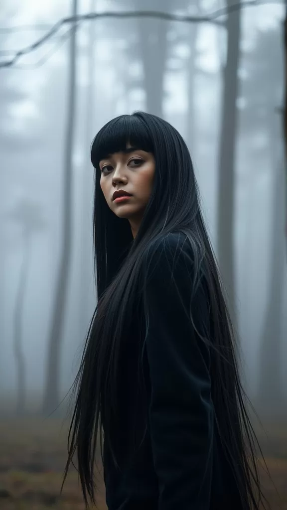 A woman with long hair and blunt bangs standing in a misty forest.