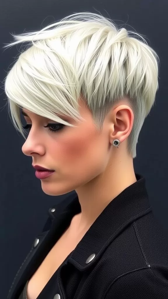 A woman with a stylish undercut pixie haircut, featuring shorter sides and longer top, styled in a light color.