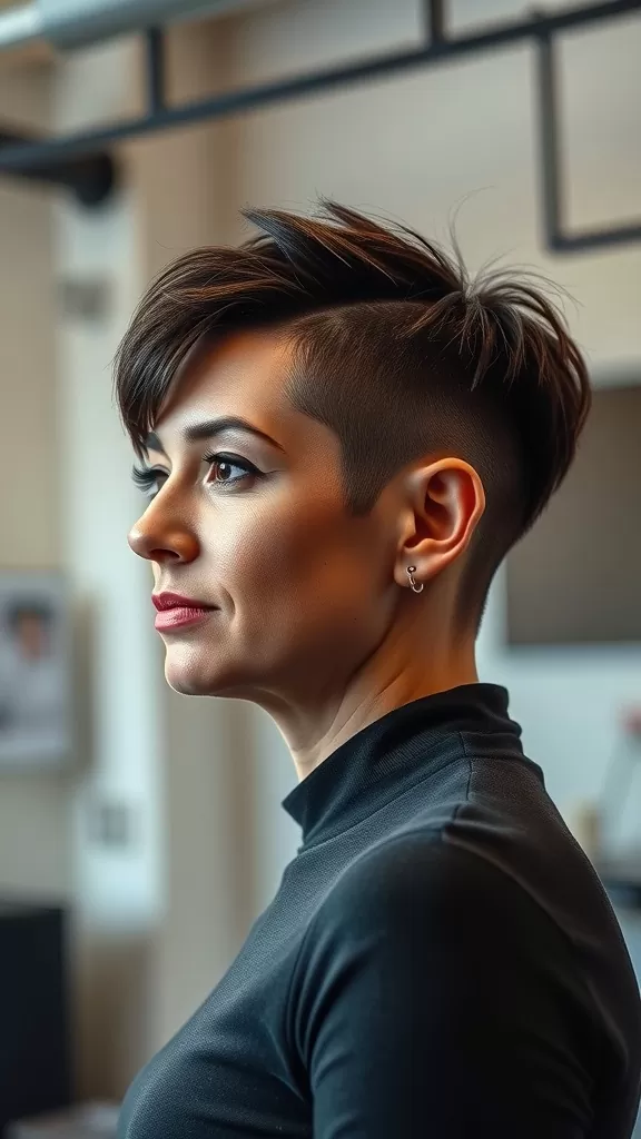 A woman with a stylish undercut pixie haircut, showcasing a modern and edgy look.