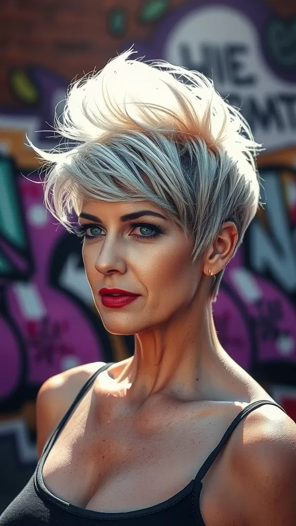 A woman with an undercut pixie hairstyle featuring long top layers, styled with volume and a modern look.