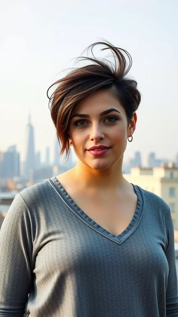 A woman with a textured undercut pixie haircut, smiling and looking confidently at the camera against a city skyline.