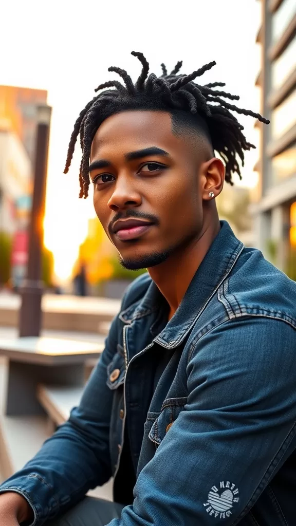 A stylish man with an undercut and dreads, wearing a denim jacket, sitting outdoors.