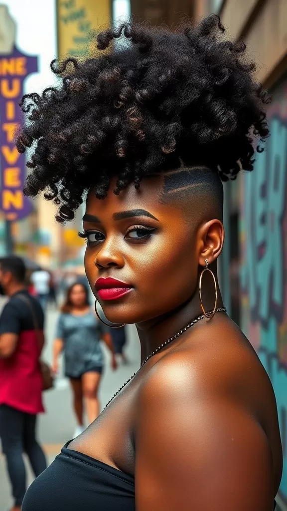 A woman with a stylish undercut and long curly top, showcasing a bold and confident hairstyle.