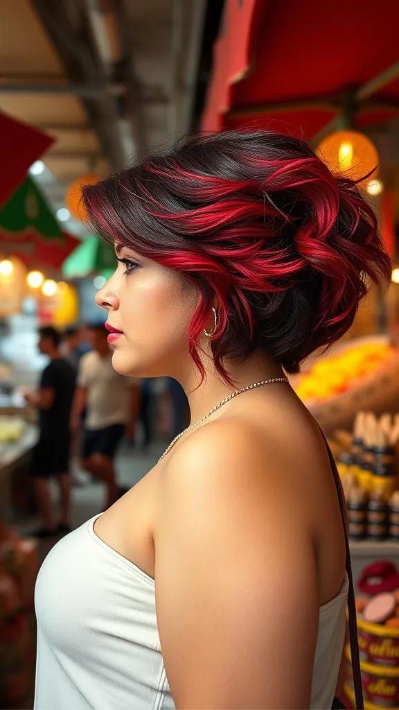 Woman with an undercut and long top hairstyle, featuring vibrant red highlights.