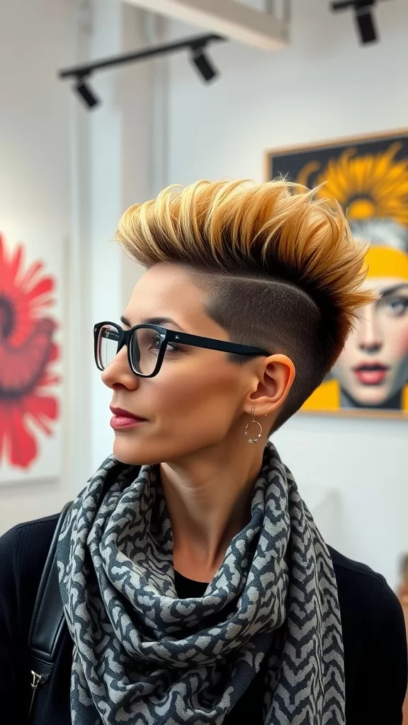 A woman with an undercut and textured top hairstyle, wearing glasses and a scarf, in a stylish indoor setting.