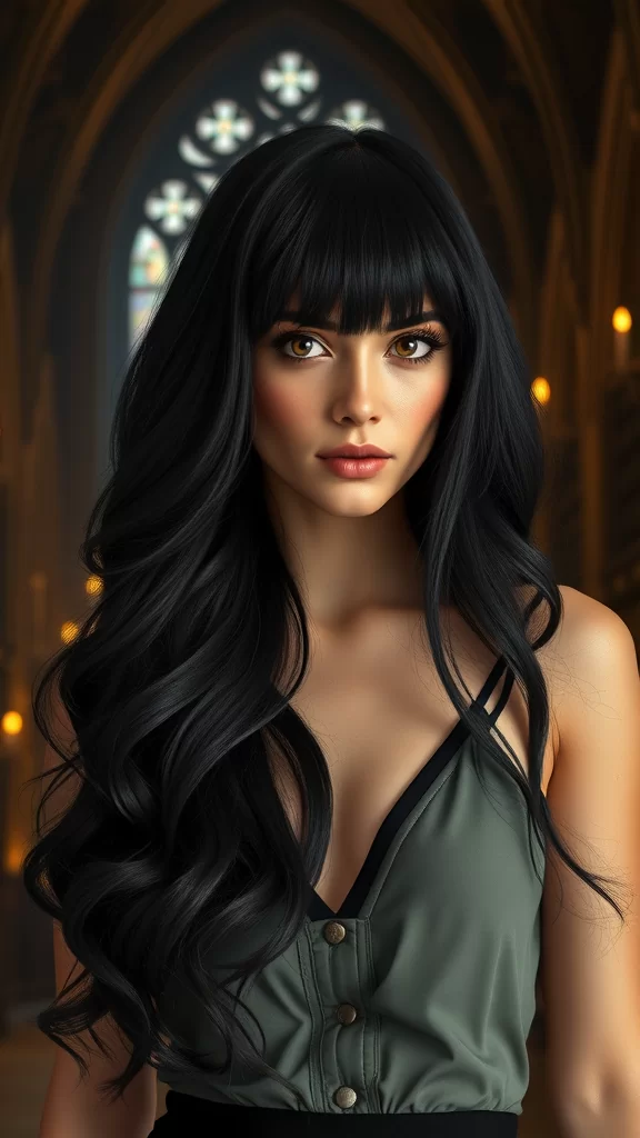 A woman with long black hair styled in gothic waves and V-shaped bangs, set in a library with high ceilings.