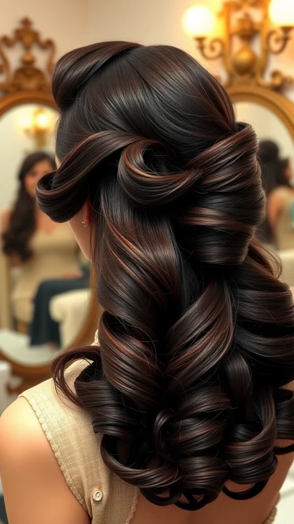 A woman with dark, styled hair showcasing victory rolls, seen from the back in front of a mirror.