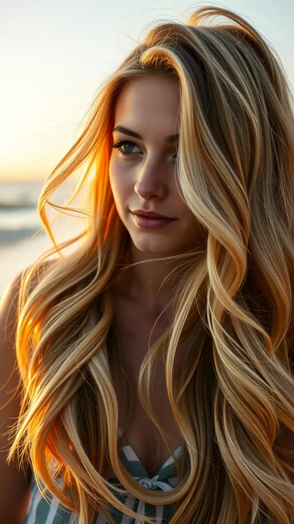 Woman with long, voluminous beach wave shag haircut, glowing in the sunset.