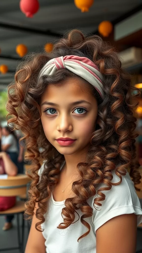 A girl with voluminous curls and a headband, showcasing a cute hairstyle.