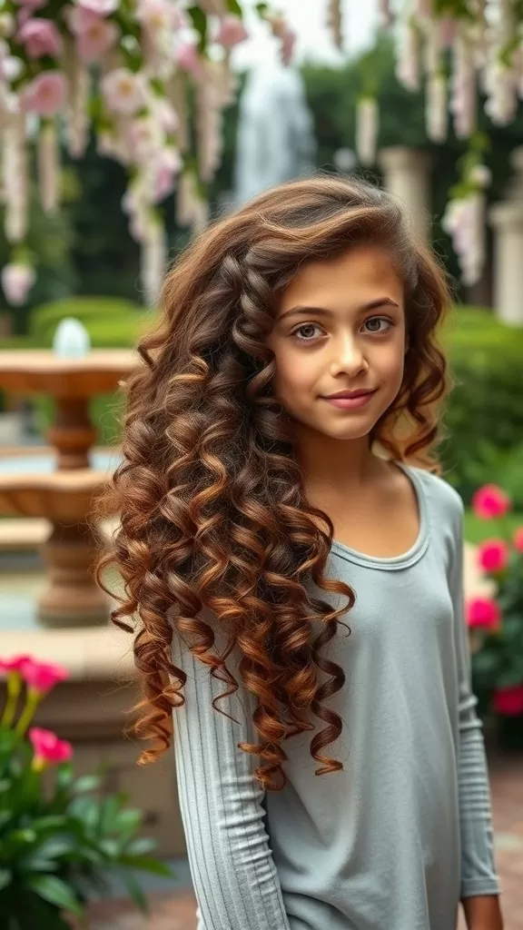 A girl with voluminous curls and a side part, standing in a garden with flowers.