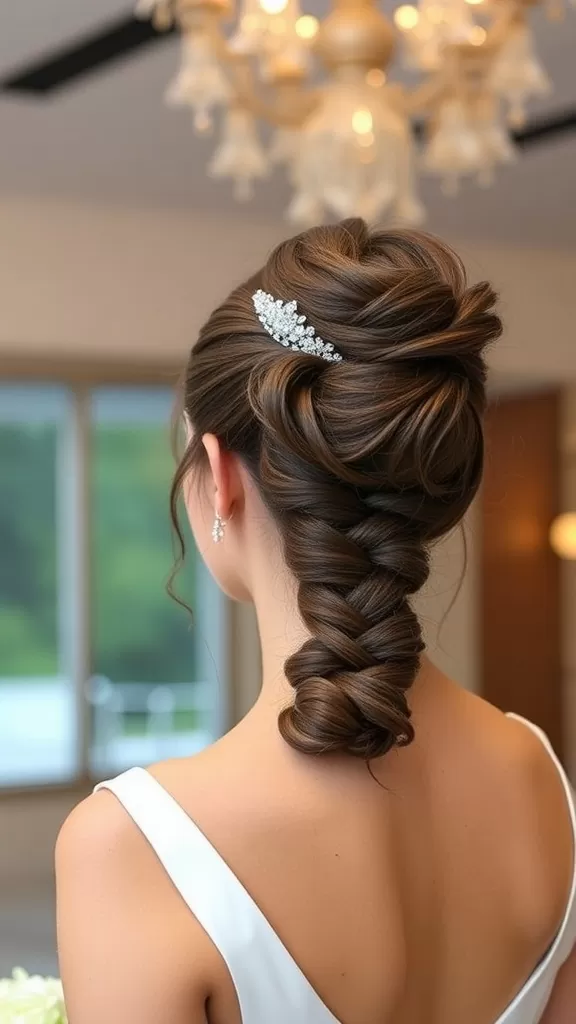 A bride's hairstyle featuring a voluminous high bun with a braided accent and hair accessory.