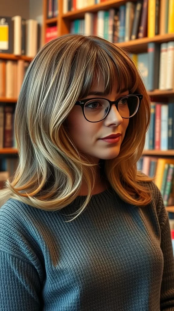 A woman with voluminous lob haircut and bangs, showcasing soft waves and warm hair tones.